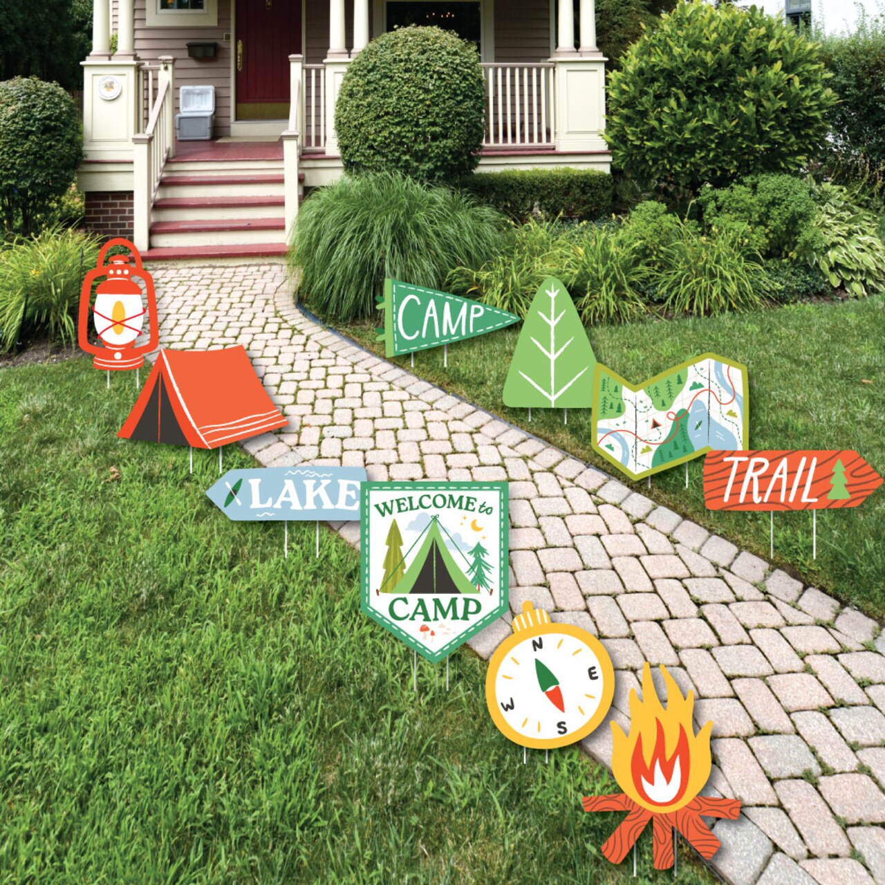 Big Dot of Happiness Camping Party Outdoor Decorations, Happy Camper Kids Birthday Lawn Ornaments Retro Camp-Themed Yard Signs with Stakes - 10 Pc Set